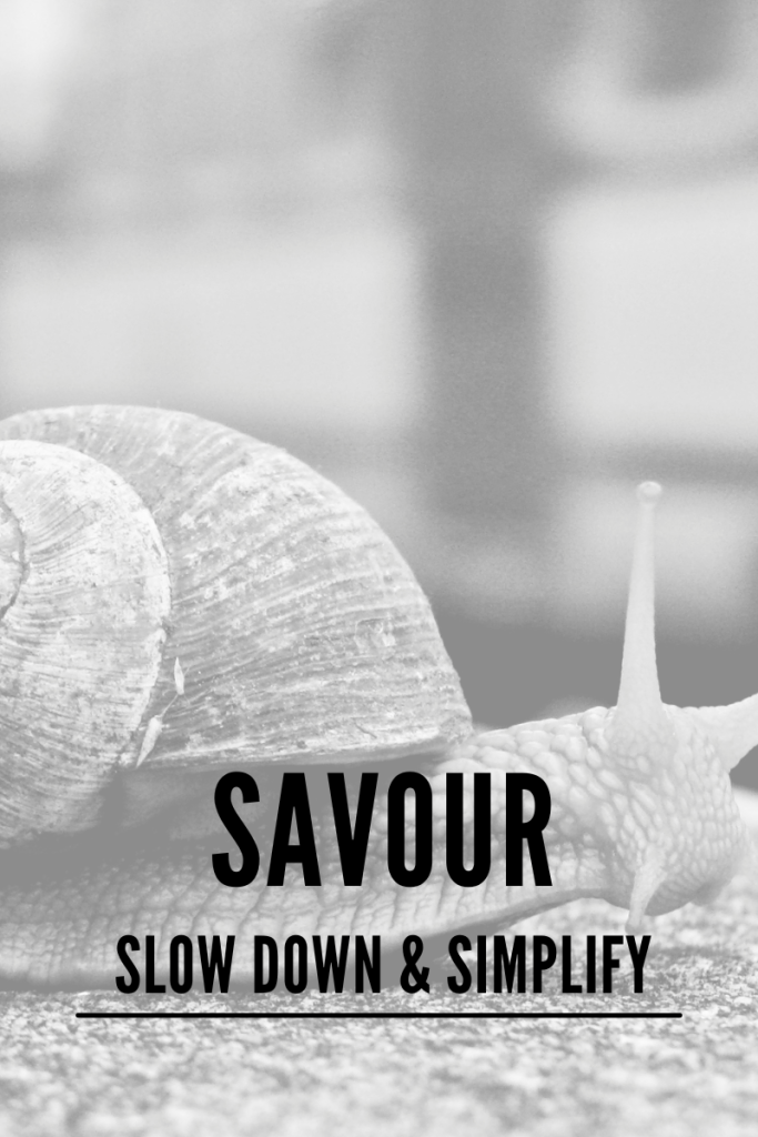 Blog grpahic, image is a photo of a snail and the title of savour, slow down and simplify