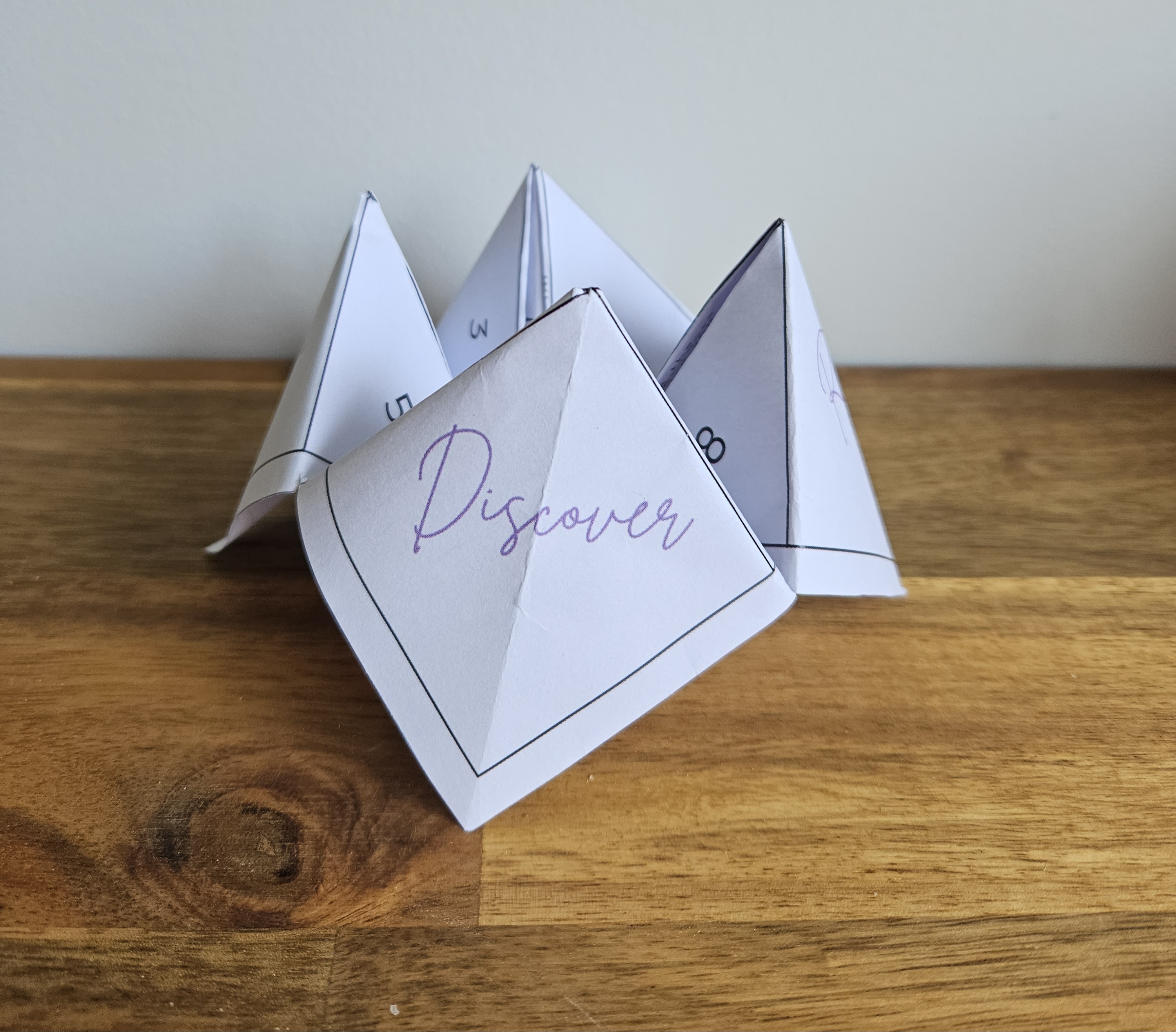 Paper folded into a chatterbox or fortune favour. On the outside of are words on the outside